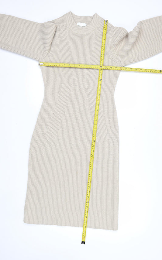 H&M Women Beige Knit Jumper Dress Size S Long Sleeve Crew Neck