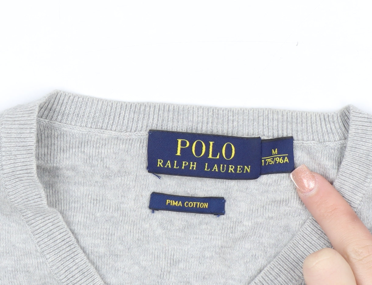 Polo Ralph Lauren Men's Grey V-Neck Jumper M 100% Cotton Knitwear