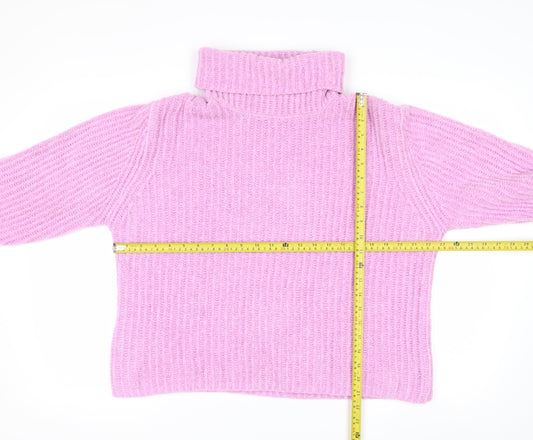 MNG Women Pink Roll Neck Rib Knit Jumper Medium Polyester