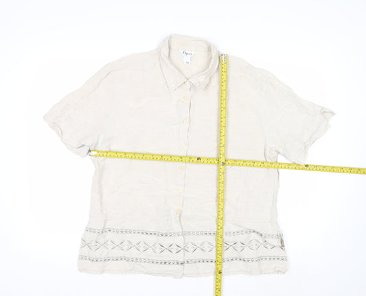 Opus Women's Beige Linen Blend Embroidered Button-Up Shirt Size 18