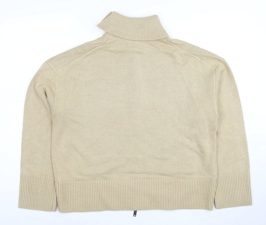 Marks and Spencer Women Beige Full Zip Collared Cotton Jumper L