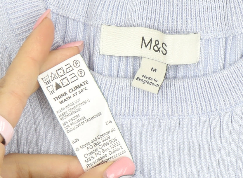Marks and Spencer Women's Blue Ruffle Knit Short Sleeve Top M