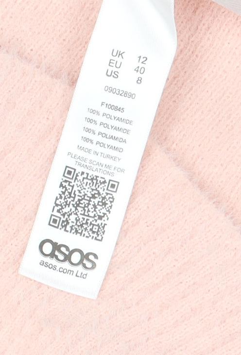 Brand and care label for ASOS Women’s Pink Off Shoulder Knit Jumper Dress, size UK 12