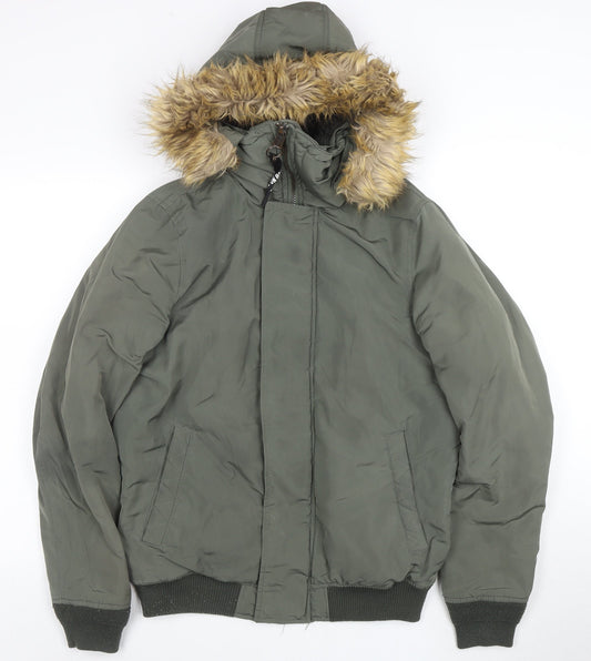 Pull & Bear Women's Green Faux Fur Hooded Puffer Jacket Size 10