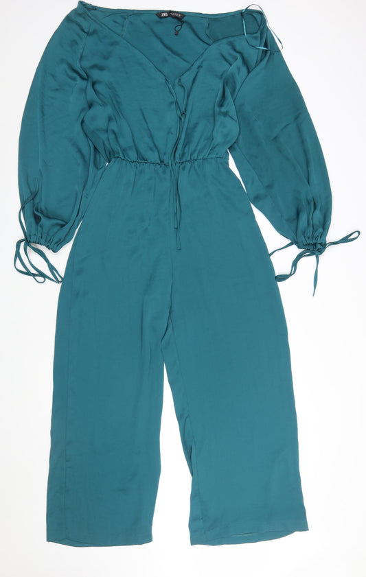 Zara Women Teal Long Sleeve V-Neck Jumpsuit Size XS Polyester