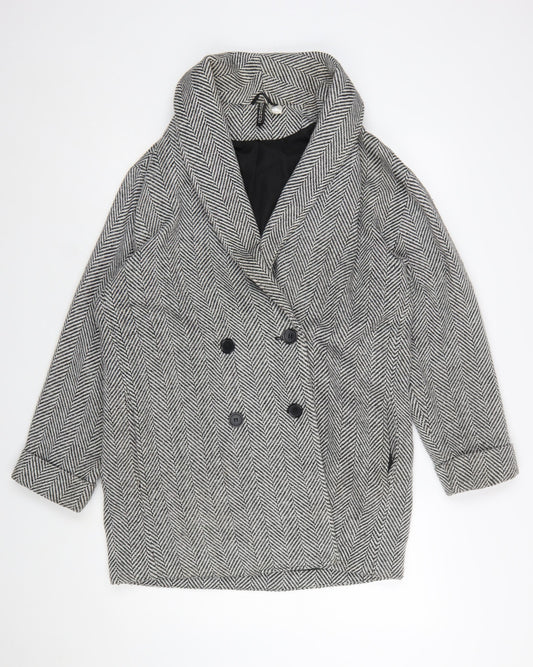 H&M Divided Women's Grey Herringbone Pea Coat Size M Wool Blend