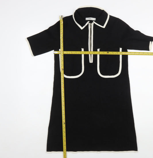 Zara Women Black Collared Knit Shift Dress Size S
