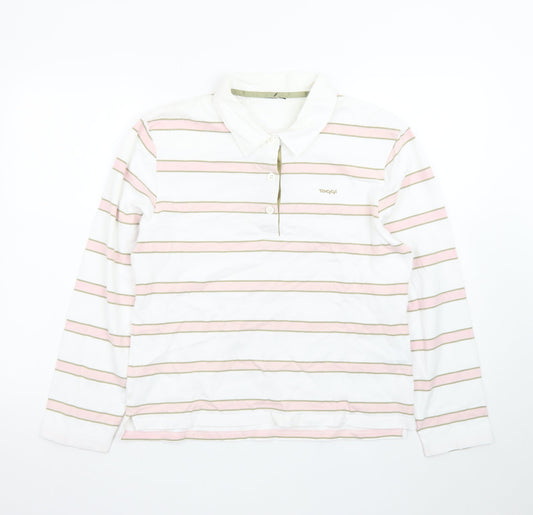 Toggi Women's White Pink Striped Cotton Long Sleeve Polo Shirt Size 14