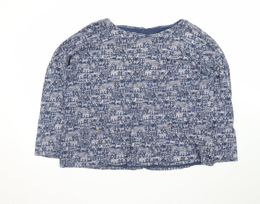 Mantaray Women Blue City Print Cotton Long Sleeve Tunic Blouse Size 20