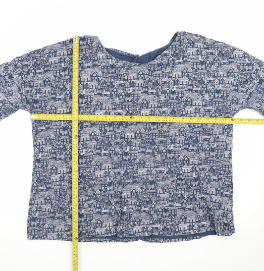 Mantaray Women Blue City Print Cotton Long Sleeve Tunic Blouse Size 20