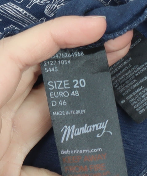 Mantaray Women Blue City Print Cotton Long Sleeve Tunic Blouse Size 20