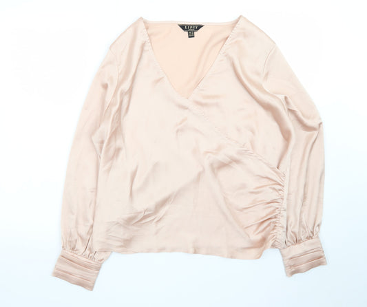 Lipsy Women’s Pink Satin Wrap Blouse UK 16 Long Sleeve Top