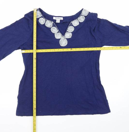 Tommy Bahama Womens Blue Cotton Tunic Blouse L Embroidered V-Neck