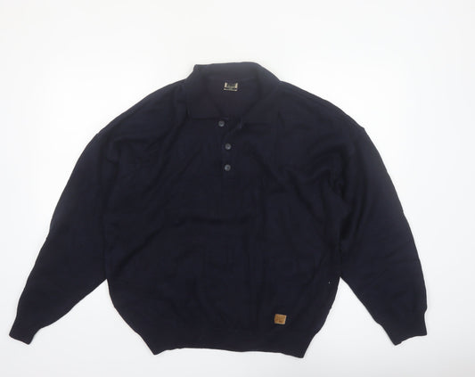Back view of Y.G. Men's Blue Collared Henley Knit Jumper XL Classic Style