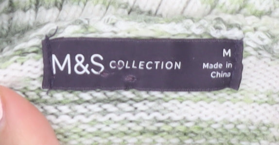 Marks and Spencer Women's Green Striped Roll Neck Jumper Size M