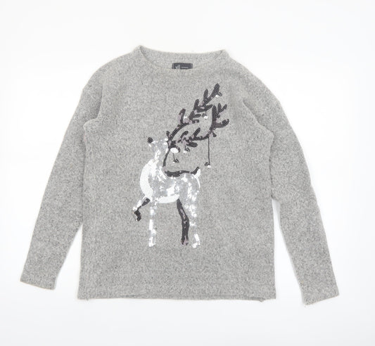 Reserved YFL Womens Grey Sequin Reindeer Christmas Jumper Size M