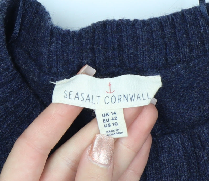 Seasalt Cornwall Women's Navy Wool Jumper Size 14 Classic Crew Neck