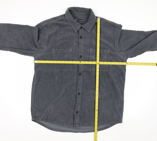 Zara Womens Grey Corduroy Button-Up Shirt Size 14 Long Sleeve