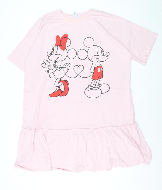 Front view of Disney at George Women’s Pink Ruffle Tunic T-Shirt L Mickey & Minnie Cotton