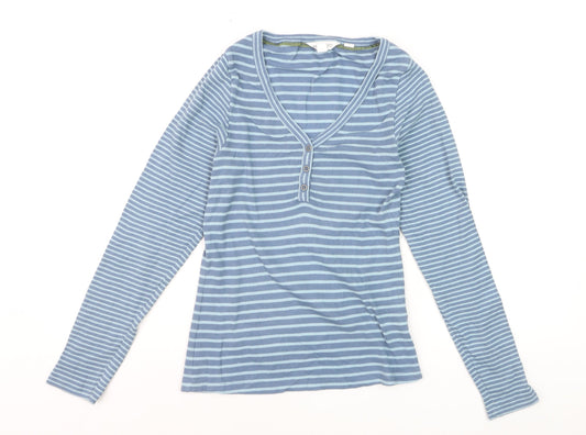 White Stuff Women’s Blue Striped Long Sleeve V-Neck Cotton T-Shirt Size 10