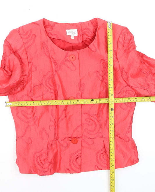 Kaliko Women Red Linen Blend Floral Jacket Size 14 3/4 Sleeve