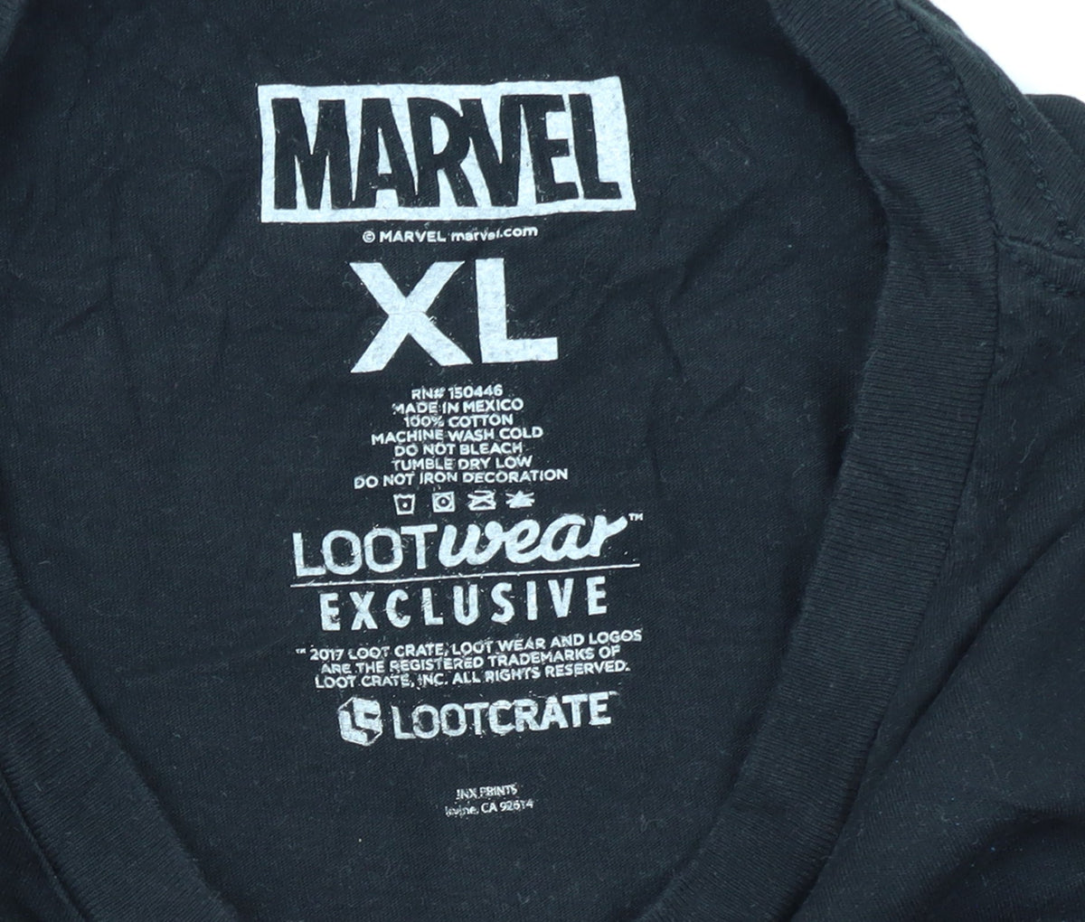 Brand and care label for Marvel Men's Black Panther Black Long Sleeve T-Shirt XL Loot Wear Exclusive