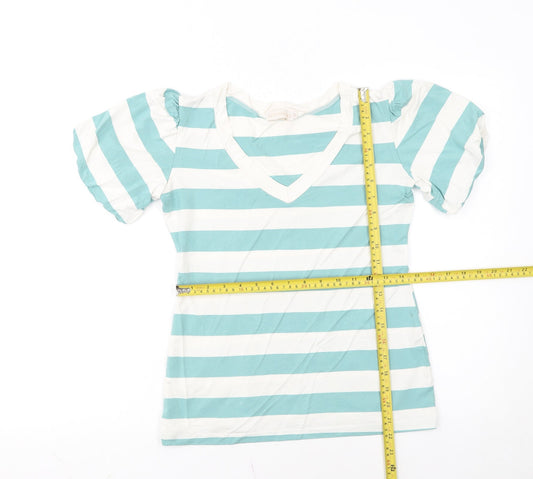 Cocomore Women's Blue Striped V-Neck Puff Sleeve T-Shirt Size 8