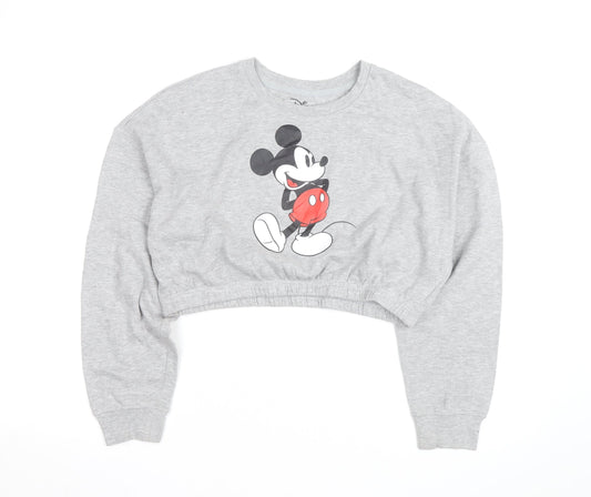 Front view of Disney Women Grey Mickey Mouse Cropped Pullover Sweatshirt M