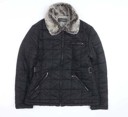 River Island Women Black Faux Fur Collar Quilted Jacket Size 10