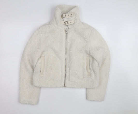 Miss Selfridge Women Ivory Faux Fur Belted Bomber Jacket Size 12