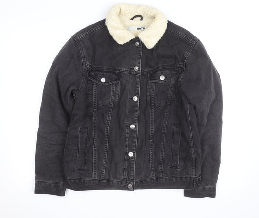 Additional front view of Topshop Moto Black Sherpa Denim Jacket unisex m classic winter warm