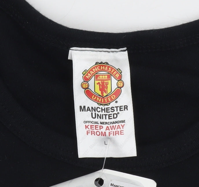 Brand and care label for Manchester United Women's Black Rhinestone Logo L Cotton T-Shirt