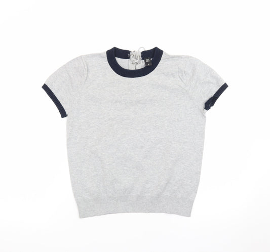GG5 Womens Grey Ringer Knit Lace-Up Back Short Sleeve T-Shirt M