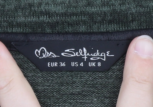 Brand and care label for Miss Selfridge Women’s Green Bodycon Dress, size UK 8, Short Sleeve V-Neck