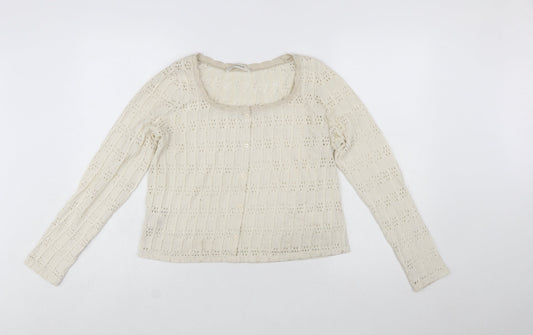 Promod Women Ivory Knit Cardigan L Cotton Blend Open Knit