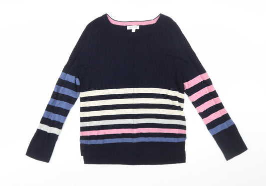 White Stuff Women's Navy Multi Stripe Jumper UK 12 Long Sleeve Cotton Wool