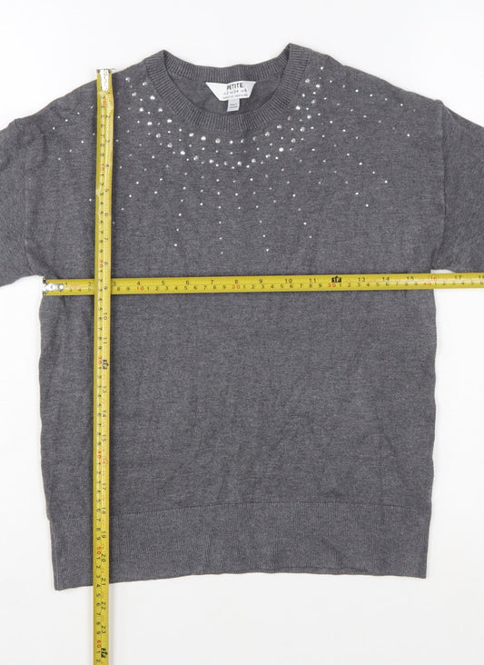 Dorothy Perkins Women’s Grey Petite Rhinestone Crew Neck Jumper Size 6
