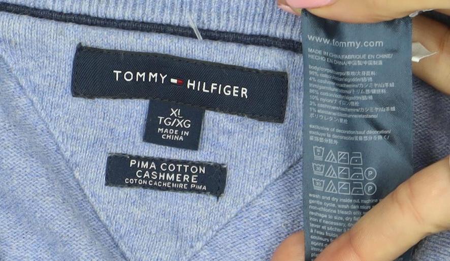 Tommy Hilfiger Men's Blue Cotton Cashmere V-Neck Jumper XL