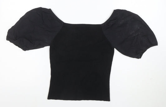 New Look Women's Black Puff Sleeve Cropped Jersey Blouse Size 10