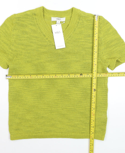 Marks and Spencer Women’s Green V-Neck Cotton Blend Short Sleeve Jumper XS