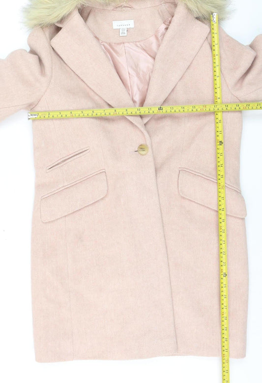 Topshop Women Pink Faux Fur Hooded Mid-Length Wool Blend Coat Size 12
