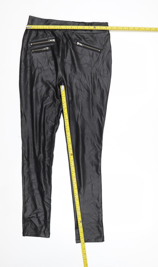 Sosandar Womens Black Size 10R Faux Leather Zip Pocket Leggings