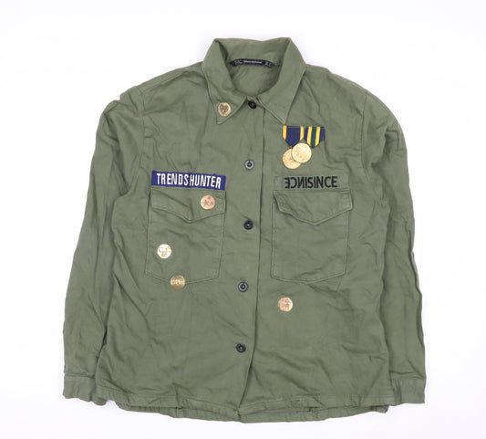 Zara Women Green Military Button-Up Twill Cotton Shirt Size 8
