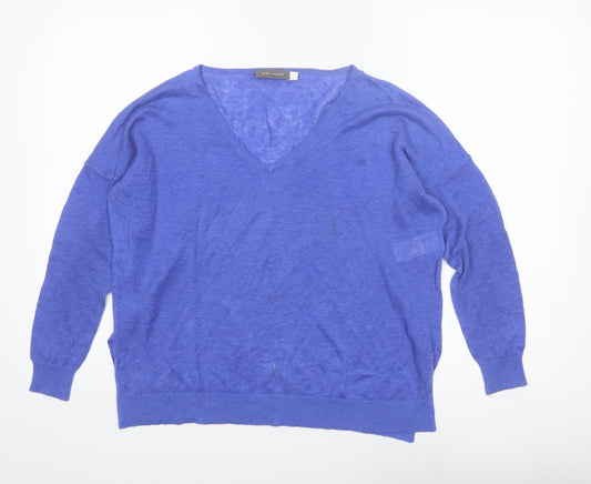 Mint Velvet Women's Blue Linen V-Neck Long Sleeve Blouse Size 8