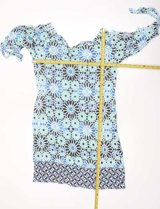 Wallis Women Blue Geometric Off Shoulder Shift Dress Size 10