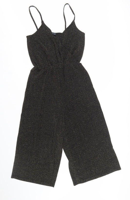 Zara Women Black Glitter Knit Jumpsuit Size 8 V-Neck Wide Leg Partywear
