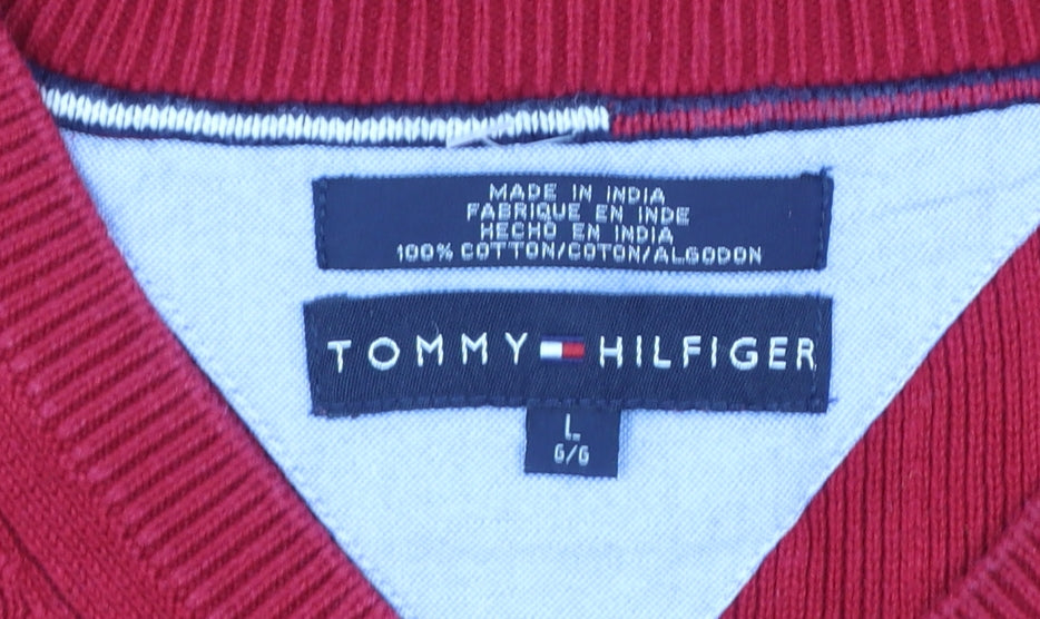 Tommy Hilfiger Men's Red Cotton V-Neck Vest Size L Classic Knit