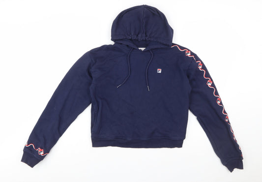 Fila Womens Navy Blue XS Pullover Hoodie Sweatshirt Logo Tape Sleeve