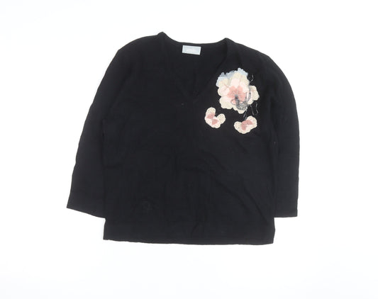 Wallis Women Black Floral Embellished V-Neck Jumper Size 20