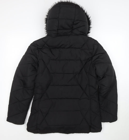 Roman Women Black Hooded Puffer Coat Size 10 with Faux Fur Trim